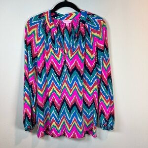 Lilly Pulitzer Women's Elsa Blouse Shirt Hearts a Flutter Chevron Vibrant  Small